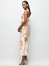 Side View Thumbnail - Butterfly Botanica Pink Sand Strapless Cuff Floral Satin Midi Dress with Column Skirt & Back Bow 