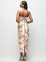 Rear View Thumbnail - Butterfly Botanica Pink Sand Strapless Cuff Floral Satin Midi Dress with Column Skirt & Back Bow 