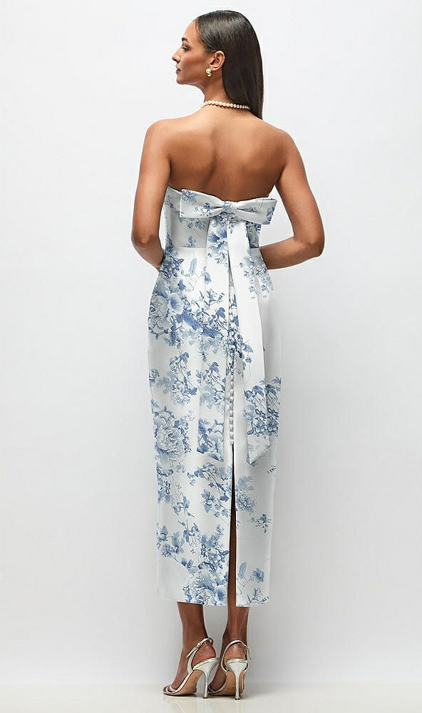 Back View - Cottage Rose Larkspur Strapless Cuff Floral Satin Midi Dress with Column Skirt & Back Bow 