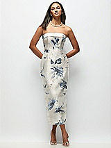 Front View Thumbnail - Inkwash Blue Floral Strapless Cuff Floral Satin Midi Dress with Column Skirt & Back Bow 