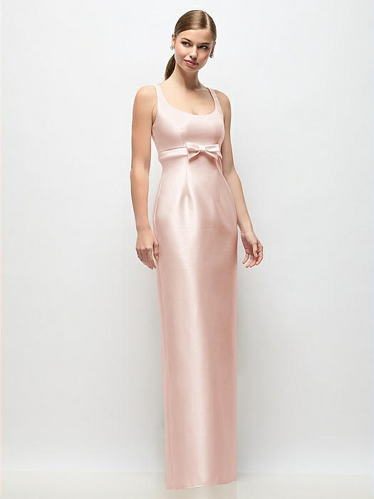 Scoop Neck Satin Column Maxi Dress with Bow at Empire Waist