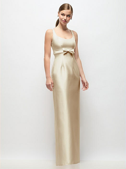 Scoop Neck Satin Column Maxi Dress with Bow at Empire Waist