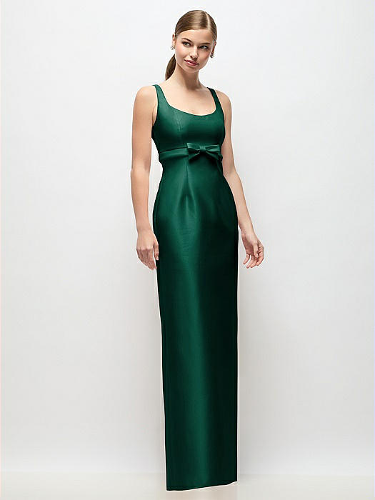 Scoop Neck Satin Column Maxi Dress with Bow at Empire Waist