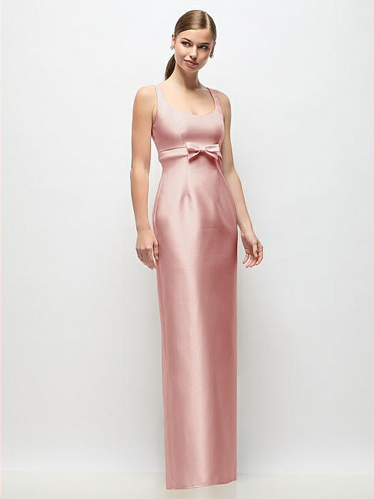 Scoop Neck Satin Column Maxi Dress with Bow at Empire Waist