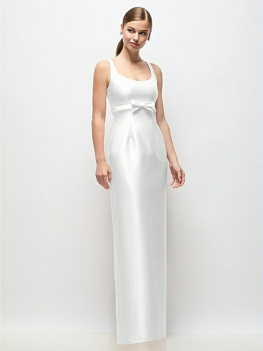 Scoop Neck Satin Column Maxi Dress with Bow at Empire Waist