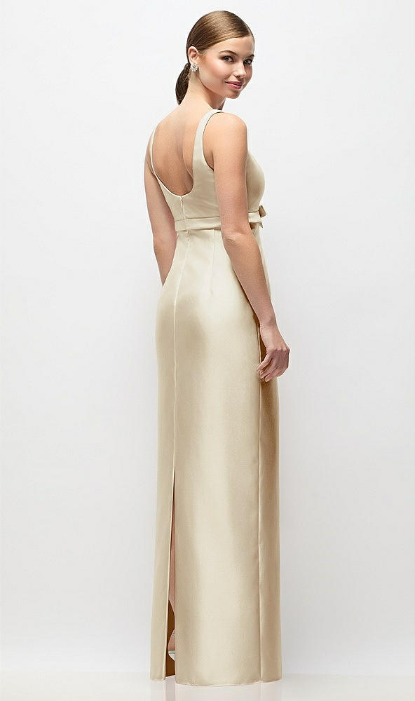 Back View - Champagne Scoop Neck Satin Column Maxi Dress with Bow at Empire Waist
