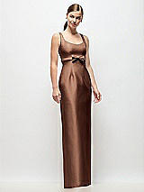 Front View Thumbnail - Cognac Scoop Neck Satin Column Maxi Dress with Bow at Empire Waist