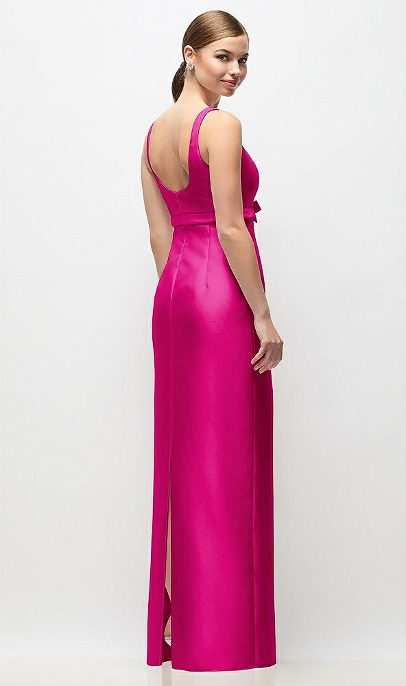Back View - Think Pink Scoop Neck Satin Column Maxi Dress with Bow at Empire Waist