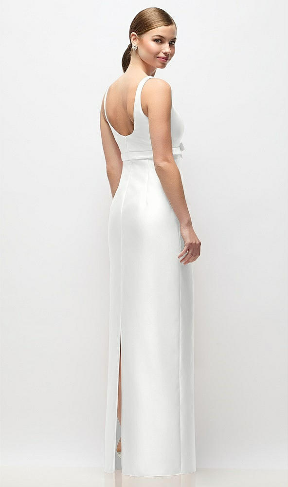 Back View - White Scoop Neck Satin Column Maxi Dress with Bow at Empire Waist