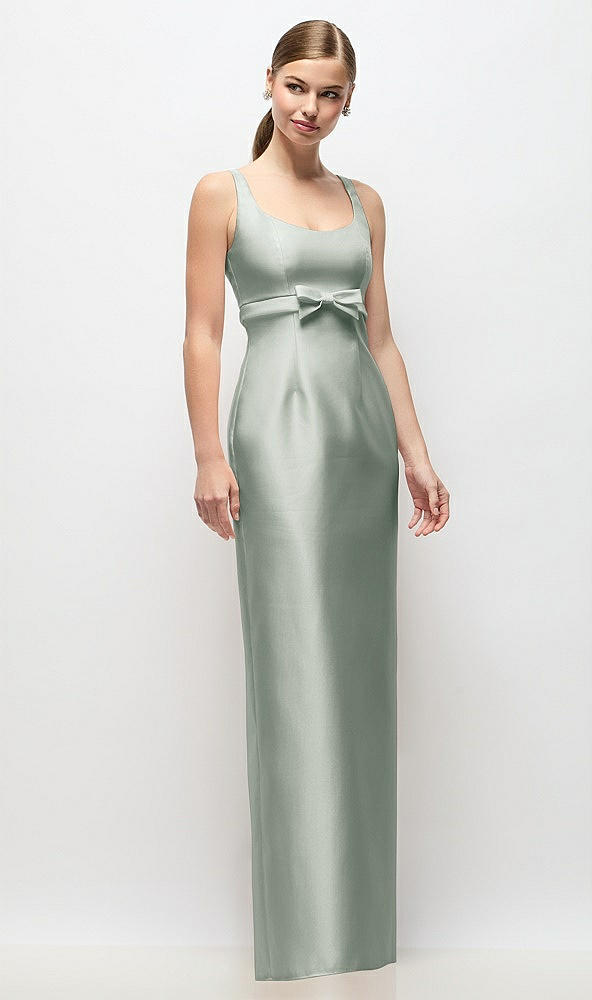 Front View - Willow Green Scoop Neck Satin Column Maxi Dress with Bow at Empire Waist