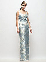 Front View Thumbnail - Porcelain Blue Seraphina Floral Scoop Neck Floral Satin Column Maxi Dress with Bow at Empire Waist