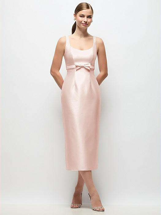 Scoop Neck Satin Column Midi Dress with Bow at Empire Waist