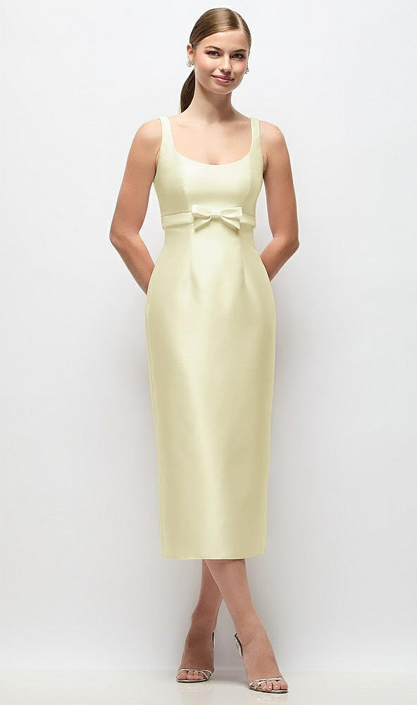 Front View - Butter Yellow Scoop Neck Satin Column Midi Dress with Bow at Empire Waist