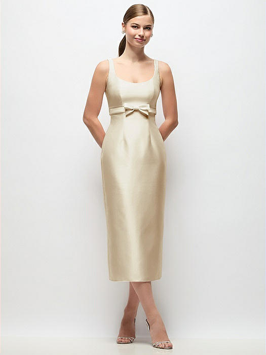 Scoop Neck Satin Column Midi Dress with Bow at Empire Waist