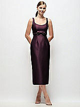 Front View Thumbnail - Deep Plum Scoop Neck Satin Column Midi Dress with Bow at Empire Waist
