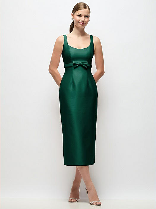 Scoop Neck Satin Column Midi Dress with Bow at Empire Waist