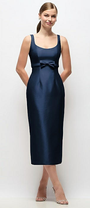Scoop Neck Satin Column Midi Dress with Bow at Empire Waist