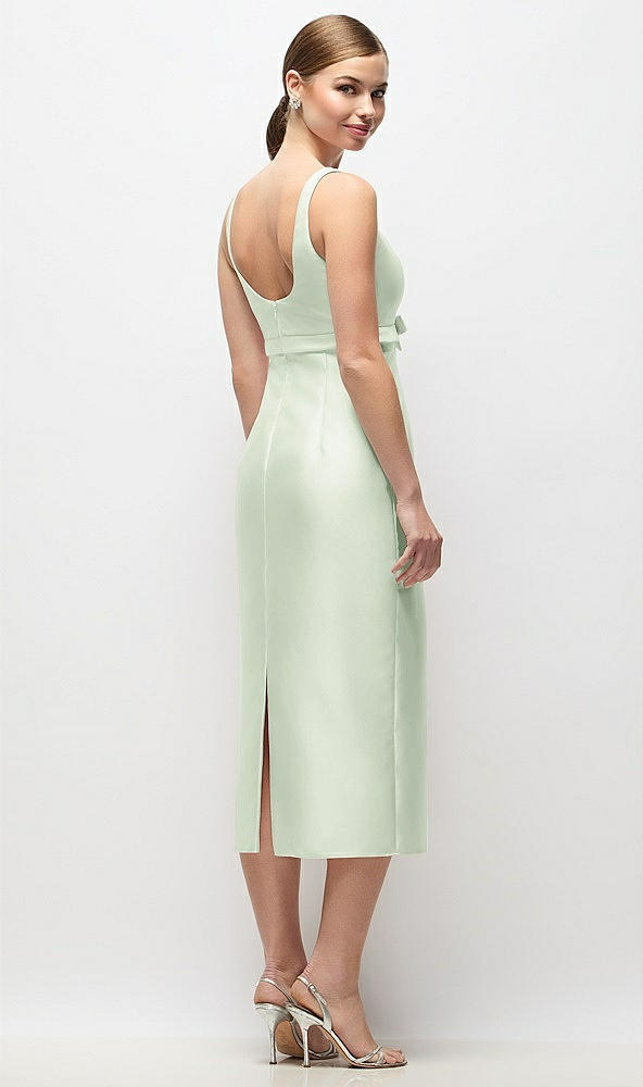 Back View - Mint Green Scoop Neck Satin Column Midi Dress with Bow at Empire Waist