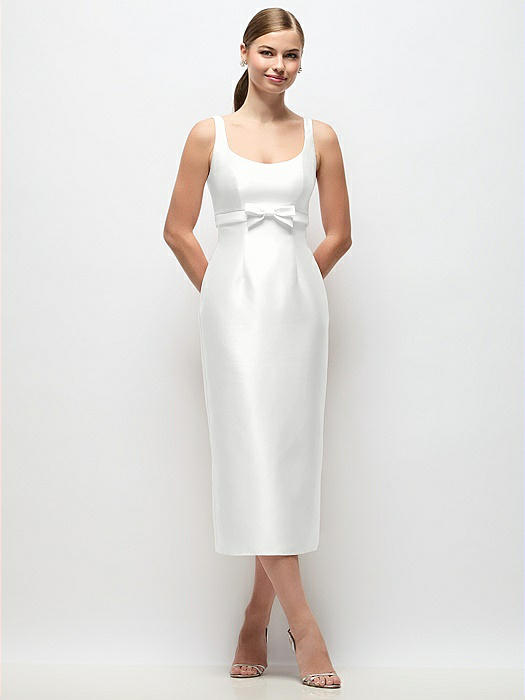 Scoop Neck Satin Column Midi Dress with Bow at Empire Waist