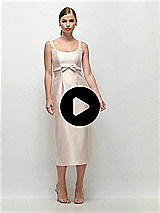 Video 1 Thumbnail - Willow Green Scoop Neck Satin Column Midi Dress with Bow at Empire Waist