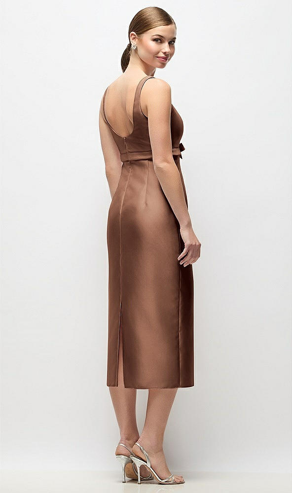 Back View - Cognac Scoop Neck Satin Column Midi Dress with Bow at Empire Waist