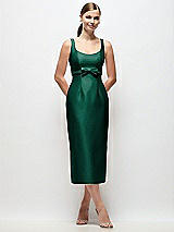 Front View Thumbnail - Hunter Green Scoop Neck Satin Column Midi Dress with Bow at Empire Waist