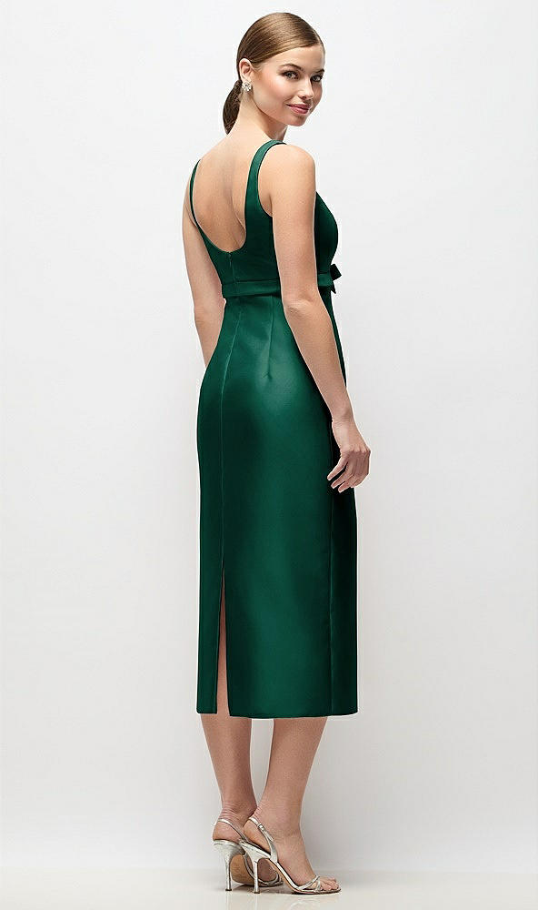 Back View - Hunter Green Scoop Neck Satin Column Midi Dress with Bow at Empire Waist