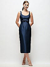 Front View Thumbnail - Midnight Navy Scoop Neck Satin Column Midi Dress with Bow at Empire Waist