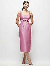 Front View Thumbnail - Powder Pink Scoop Neck Satin Column Midi Dress with Bow at Empire Waist