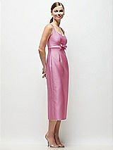 Side View Thumbnail - Powder Pink Scoop Neck Satin Column Midi Dress with Bow at Empire Waist