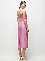 Rear View Thumbnail - Powder Pink Scoop Neck Satin Column Midi Dress with Bow at Empire Waist