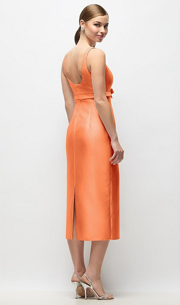 Back View - Portofino Orange Scoop Neck Satin Column Midi Dress with Bow at Empire Waist