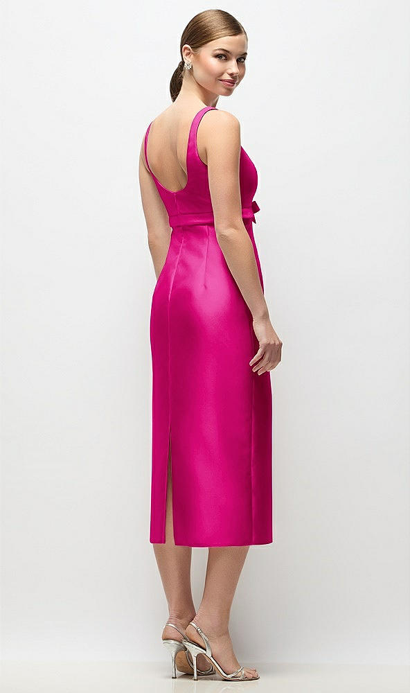 Back View - Think Pink Scoop Neck Satin Column Midi Dress with Bow at Empire Waist