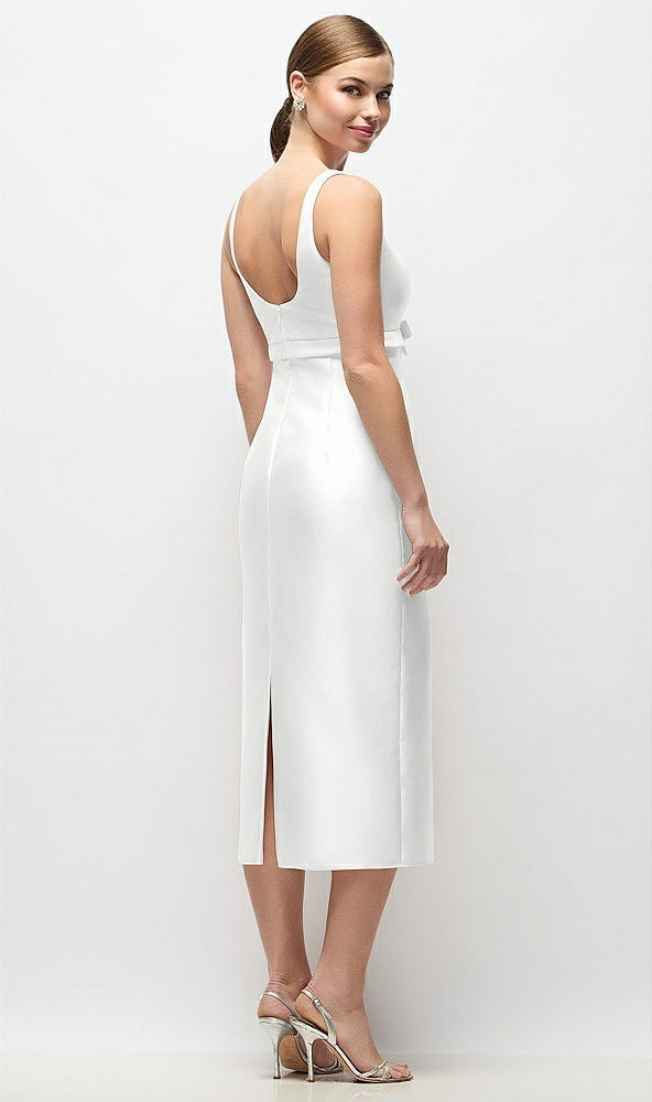 Back View - White Scoop Neck Satin Column Midi Dress with Bow at Empire Waist