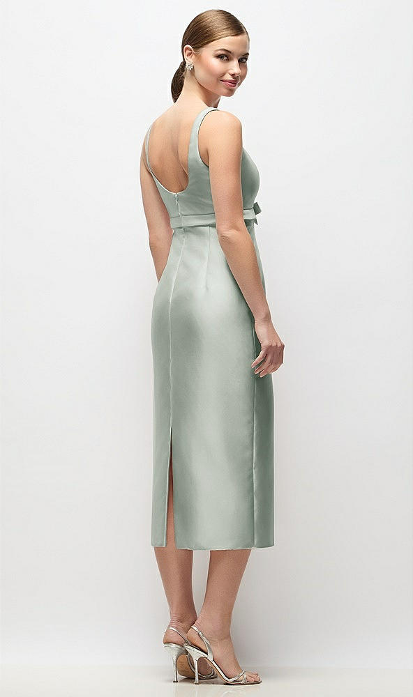 Back View - Willow Green Scoop Neck Satin Column Midi Dress with Bow at Empire Waist