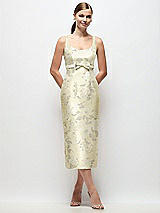 Front View Thumbnail - Butter Yellow Floral Scoop Neck Floral Satin Column Midi Dress with Bow at Empire Waist