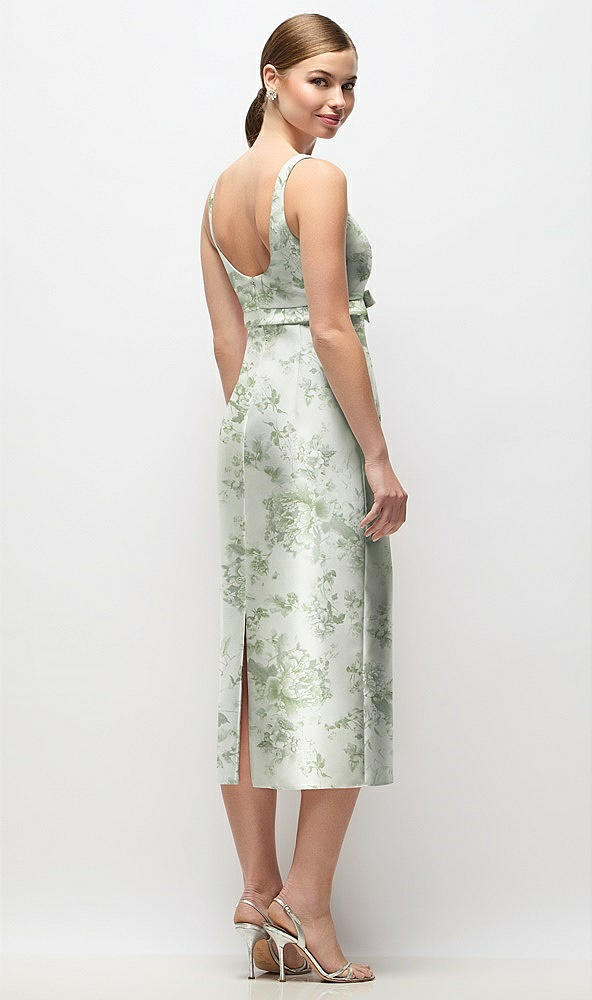 Back View - Sage Cottage Rose Scoop Neck Floral Satin Column Midi Dress with Bow at Empire Waist