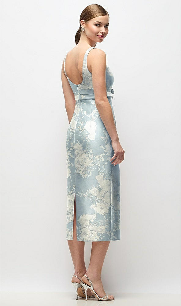 Back View - Porcelain Blue Seraphina Floral Scoop Neck Floral Satin Column Midi Dress with Bow at Empire Waist