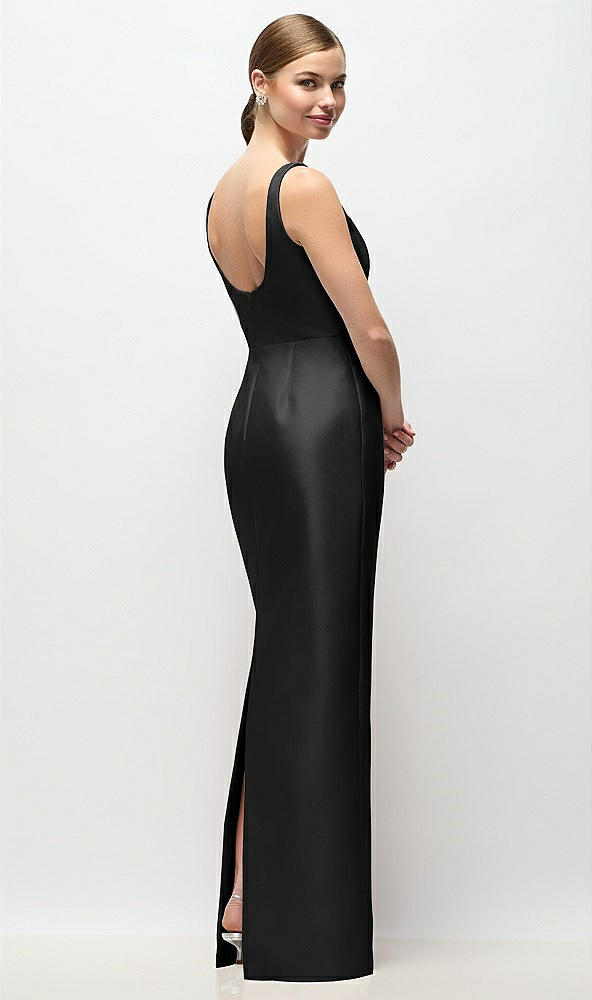 Back View - Black Scoop Neck Satin Column Maxi Dress