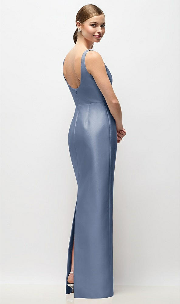 Back View - Larkspur Blue Scoop Neck Satin Column Maxi Dress