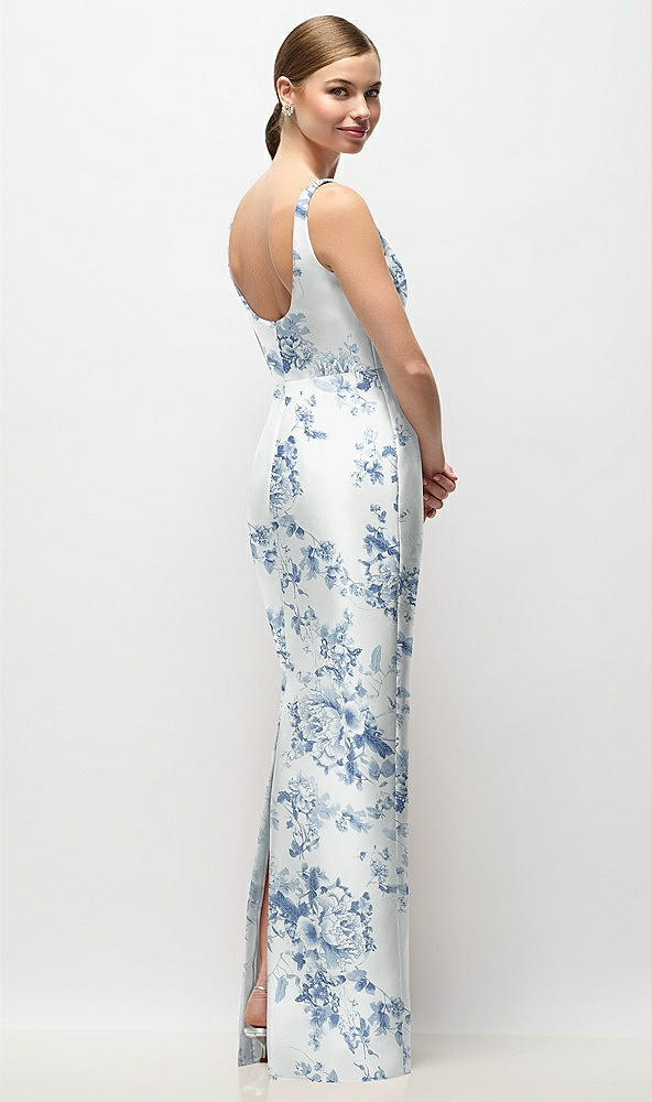 Back View - Cottage Rose Larkspur Scoop Neck Floral Satin Column Maxi Dress