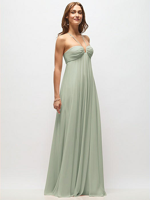 Empire Waist Chiffon Halter Maxi Dress with Convertible Spaghetti Straps