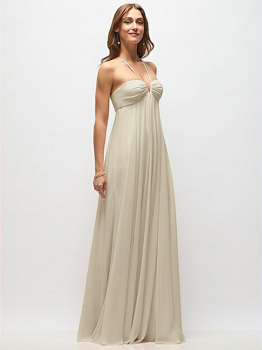 Empire Waist Chiffon Halter Maxi Dress with Convertible Spaghetti Straps