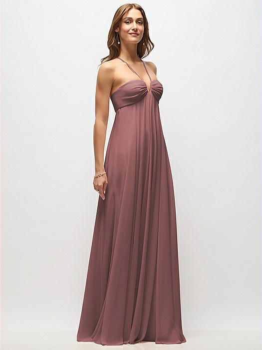 Empire Waist Chiffon Halter Maxi Dress with Convertible Spaghetti Straps