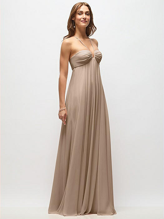 Empire Waist Chiffon Halter Maxi Dress with Convertible Spaghetti Straps