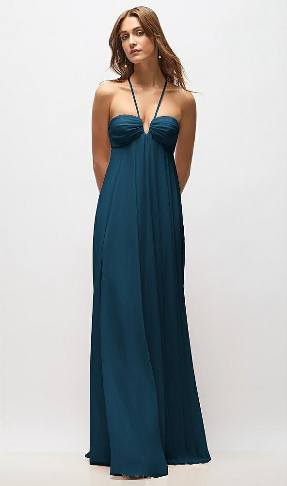 Back View - Atlantic Blue Empire Waist Chiffon Halter Maxi Dress with Convertible Spaghetti Straps