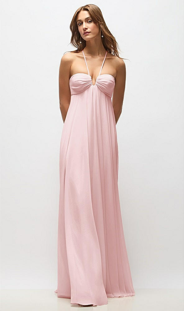 Back View - Ballet Pink Empire Waist Chiffon Halter Maxi Dress with Convertible Spaghetti Straps