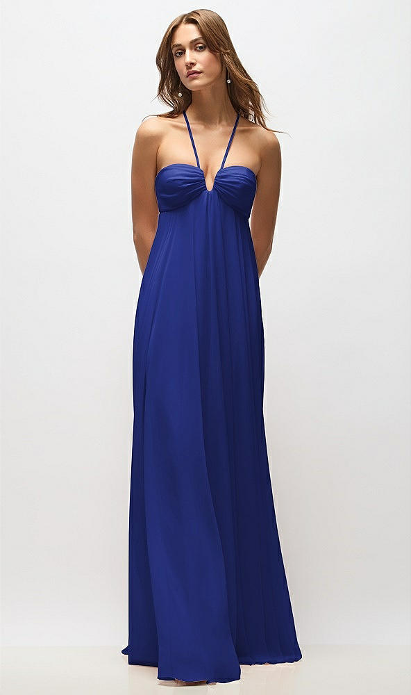 Back View - Cobalt Blue Empire Waist Chiffon Halter Maxi Dress with Convertible Spaghetti Straps