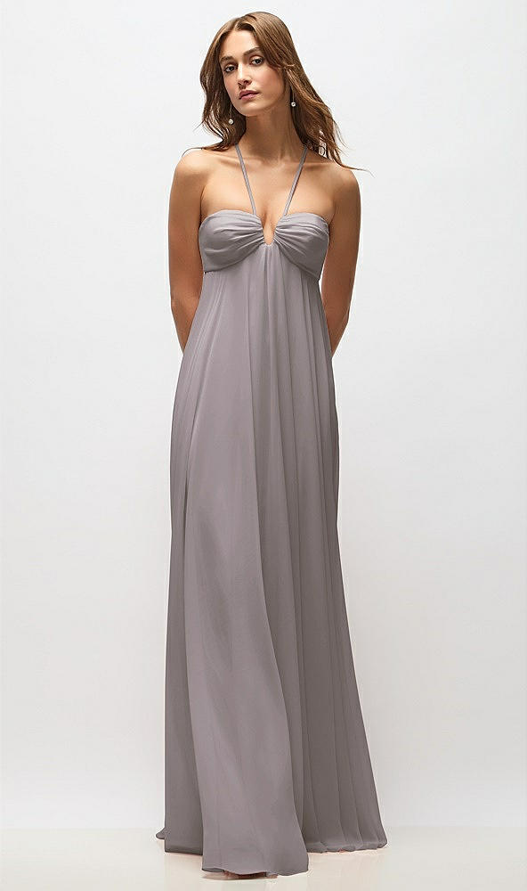 Back View - Cashmere Gray Empire Waist Chiffon Halter Maxi Dress with Convertible Spaghetti Straps