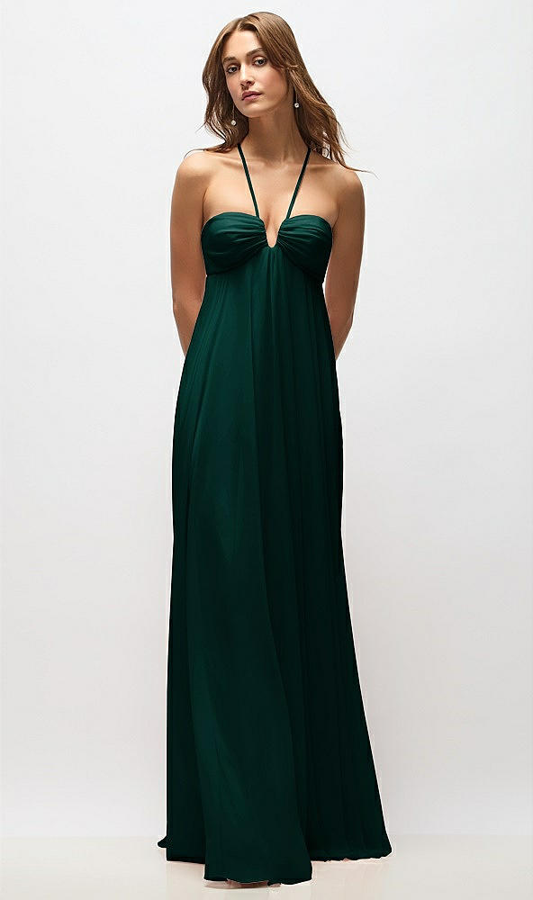 Back View - Evergreen Empire Waist Chiffon Halter Maxi Dress with Convertible Spaghetti Straps